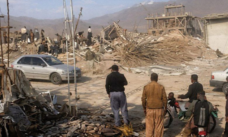 Aerial view showing the 80 percent destruction of residential houses in Gogjeh village, Marivan.