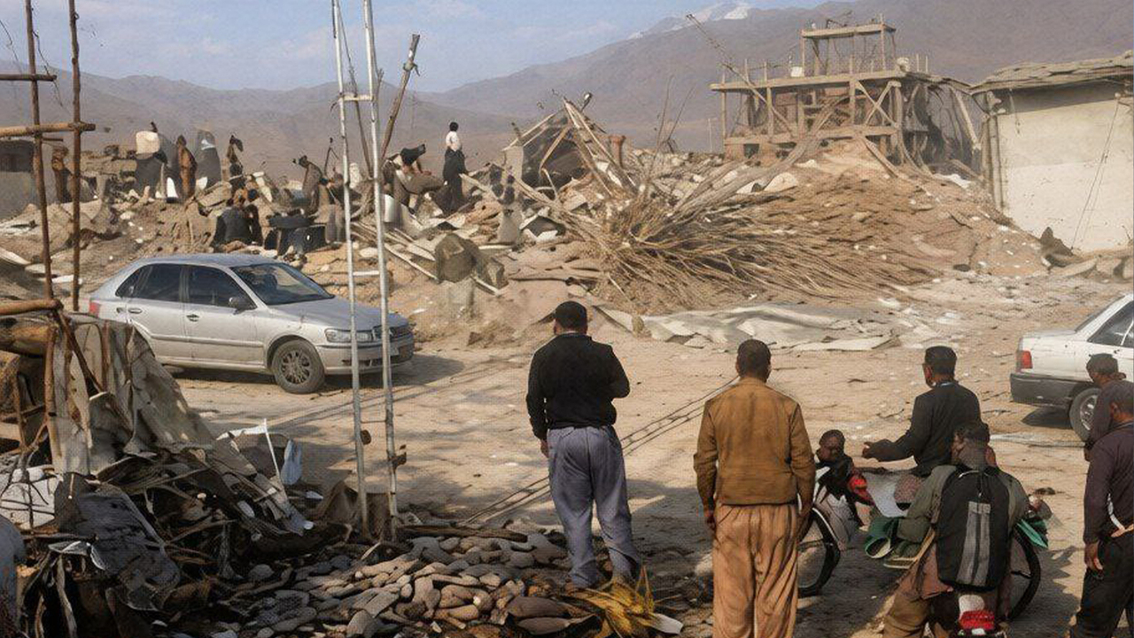 Aerial view showing the 80 percent destruction of residential houses in Gogjeh village, Marivan.