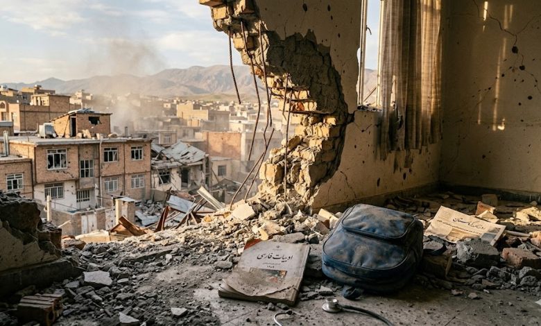 View of damaged houses in Qeshlaq-Pol through a shattered school wall in Saqqez, with a dusty Farsi textbook in the foreground.