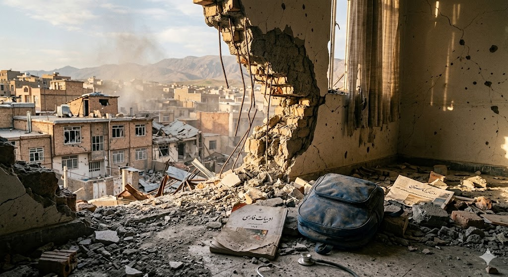 View of damaged houses in Qeshlaq-Pol through a shattered school wall in Saqqez, with a dusty Farsi textbook in the foreground.