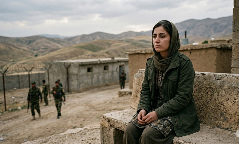 تصویر تینا قربانی و نمایی از اردوگاه‌های شبه‌نظامی در اقلیم کردستان عراق.